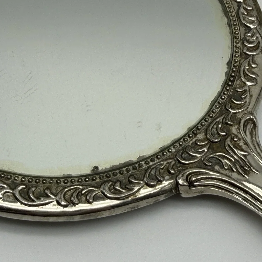 Vintage Silverplate Vanity Hand Mirror & Hair Brush Set Ornate Floral Repousse